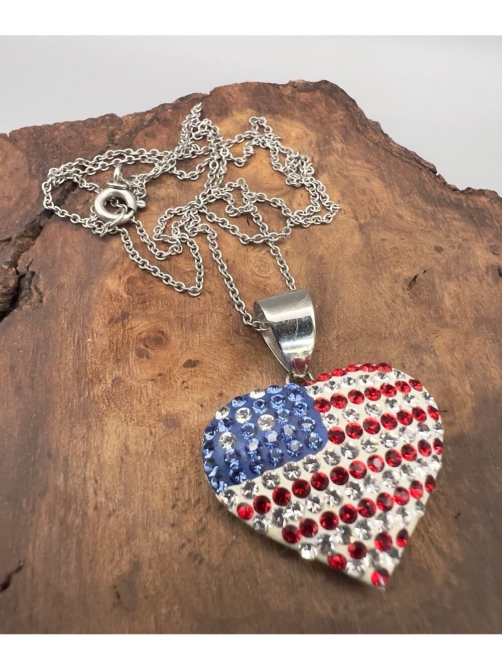 American Flag Sterling Silver Crystal Heart Necklace